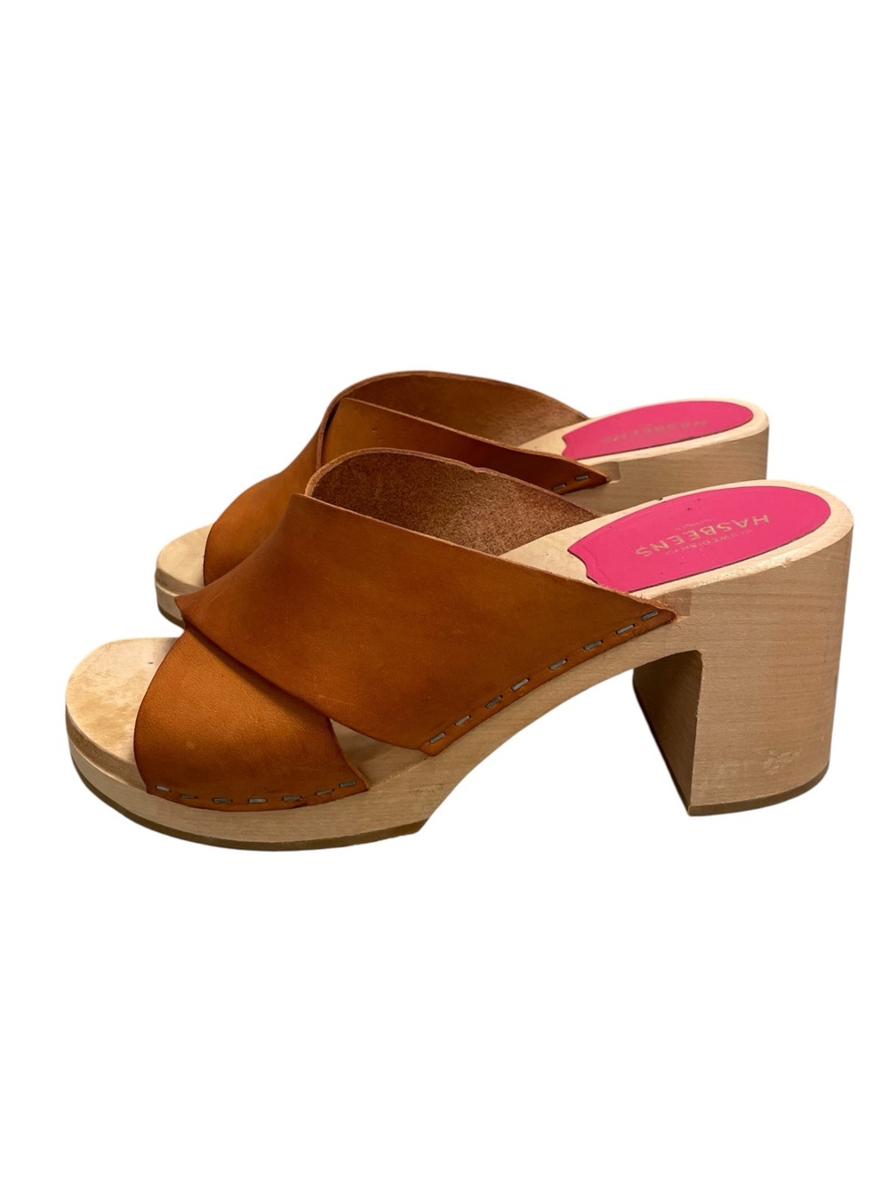 Swedish Hasbeens Annette Brown Leather Sandals Clogs Sz 39 US 9 Wood Heel Shoes